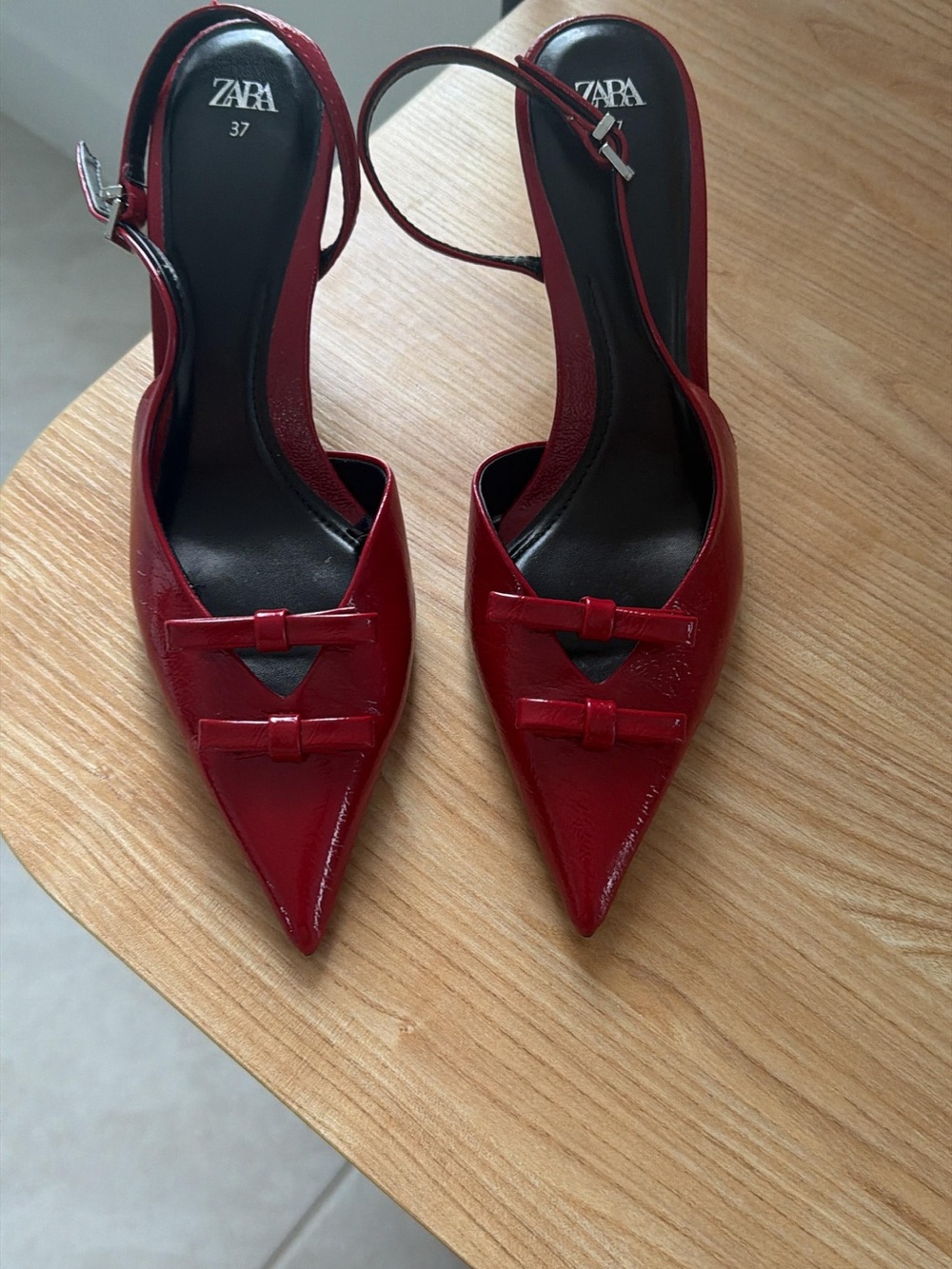 Zara Cherry Red Patent Pointed Slingback Heels with Bows